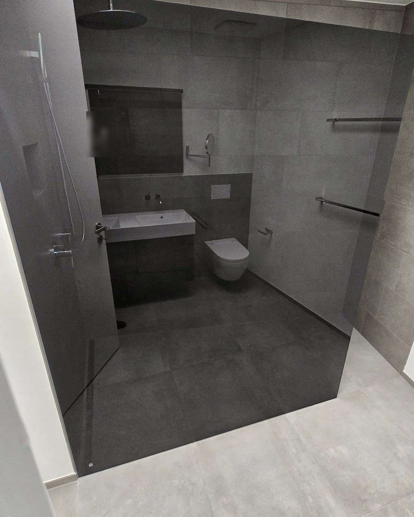 Dusche hinter getöntem Glas, dahinter Waschtisch und WC